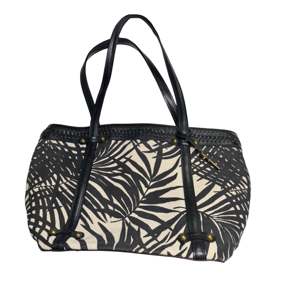 Fossil Black Cream Leaf Print medium Tote shoulder bag canvas braided leather